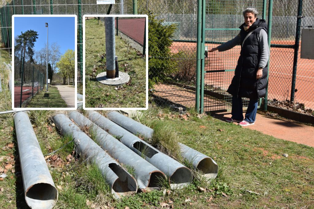 Miriam Kluttig, 1. Vorsitzende des TC Cottbus, kann mit sieben ehemaligen Parplatzleuchten vom Lausitz Park jetzt drei Plätze des TC Cottbus beleuchten. Foto: Thomas Juschus
